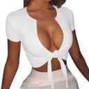 BORIFLORS Women's Sexy Tie Up Crop Top Short Sleeve Deep V Neck Casual Basic T Shirt (Large)
