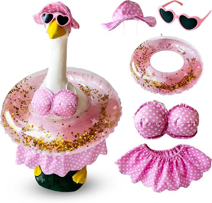 Porch Goose Summer Outfit for 23 Inch Lawn Goose, Hawaiian Porch Goose Bikini Outfits with Hat Sunglasses & Swimming Ring for Goose Statue, Goose Clothes for Patio Garden Yard Decoration, Color: Pink Bikini