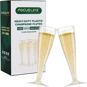 FOCUSLINE 100 Pack Plastic Champagne Flutes, 4.5 Oz Gold Glitter Plastic Champagne Glasses, Disposable Clear Toasting Glasses Recyclable Cups for Wedding Party