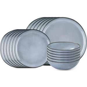 Herogo Stoneware Dinnerware Sets for 6, 18 Piece Ceramic Dinner Dishes Set, Irregular Handmade Plates and Bowls Dishware, Crack and Scratch Resistant, Reactive Glaze, Smoky Blue