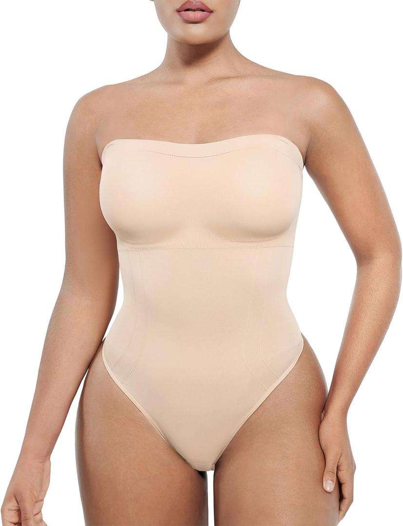 SHAPELLX Women's Shapewear Bodysuits Tummy Control Butt Lifter Body Shaper Strapless Seamless Mid Thigh Jumpsuit Tops (Medium-Large, A2-skin Thong)