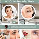 Rechargeable Wall Mounted Lighted Makeup Vanity Mirror 8 inch 1X/20X Magnifying Bathroom Mirror with 3 Color Lights, Double Sided with Dimmable LED Lights, Extended Arm 360 Swivel Extension Mirror