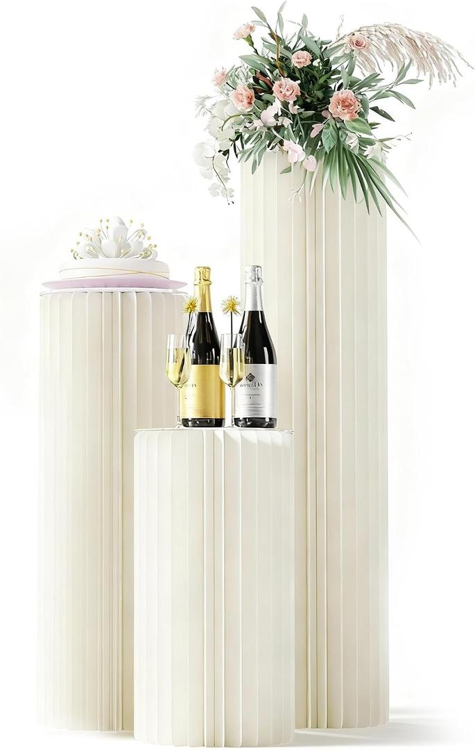 3 Pack Portable White Cylinder Stands for Party, 31.5", 23.6", 15.7" Height Foldable Cardboard Tall Cake Pedestal Stand Flower Floral Pillar Table Stand, cilindros para fiestas redondos blancos for Wedding Parties