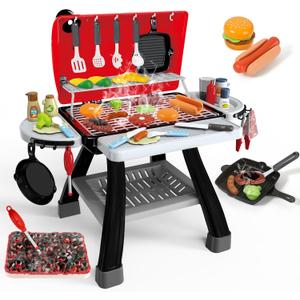 35pcs Kitchen Toy Set, Toy BBQ Grill Set, Cooking Toy Set, Little Chef Play, Kids Grill Playset Interactive BBQ Toy Set, Kids Kitchen Playset Toy Christmas Birthday Gift (Black and Red)