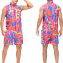 Mens 80s Workout Costume 90s Outfit for Men - Retro Neon 5 Piece Halloween Cosplay Couples Costume Set (Pink, XXL)