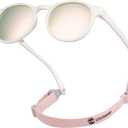 COCOSAND Baby Toddler Sunglasses with Strap Polarized Flexible Round Frame for Newborn Infant Kids Boy Girl Age 0-6 Years Old (White With Pink Lens)