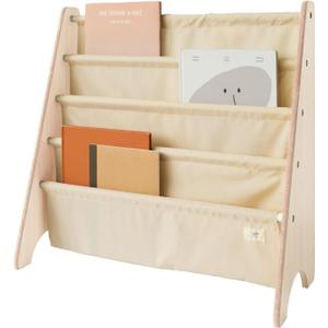 3 Sprouts Kids Bookshelf with Recycled Fabric - 4-Tier Sling Storage for Kids Rooms Holds 35 Titles - Toddler Organizer for Ages 3+ - Beige