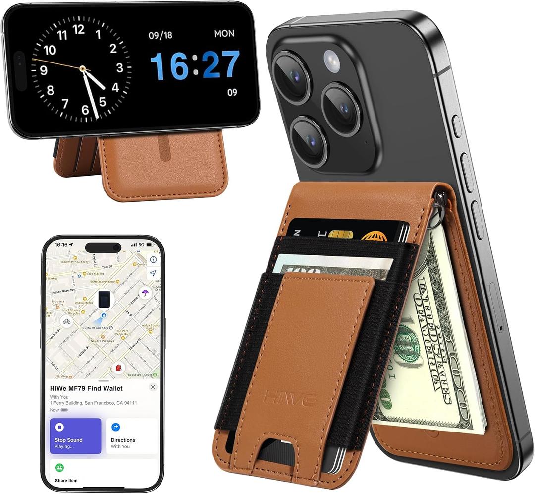 HiWe for MagSafe Wallet Find My: 9-Card Holder, Money Clip, RFID Blocking, Strong Magnet for iPhone 12-17 Series Brown