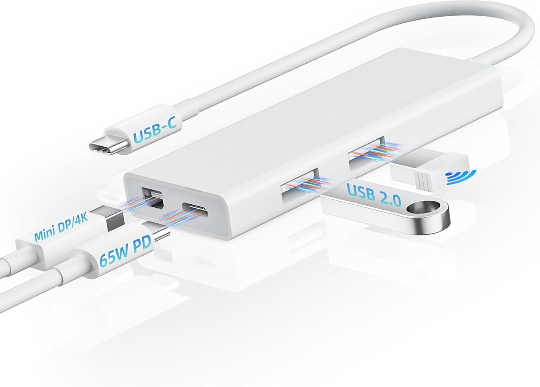BolAAzuL USB C to Mini DisplayPort Multiport Adapter 4K@60Hz, Not Work with Apple Cinema Displays, Type C to Mini DP Converter with 65W PD Charging Port & 2XUSB 2.0 Ports