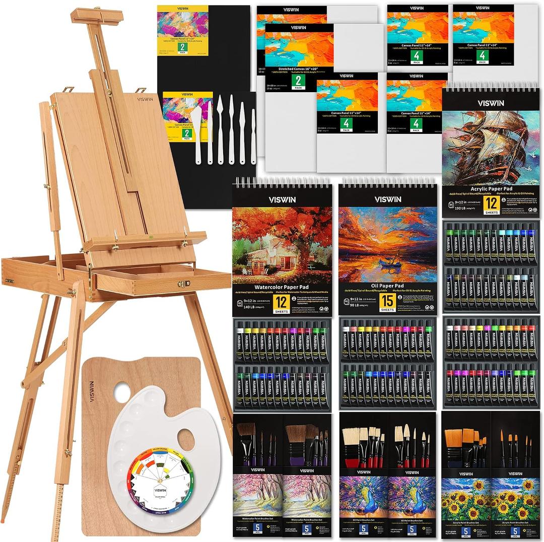 VISWIN Professional All-in-One Art Painting Kit with Beech Wood French Easel, 96 Acrylic, Watercolor & Oil Paint Set, Canvases, Painting Set with Supplies for Adults, Artists, Beginners