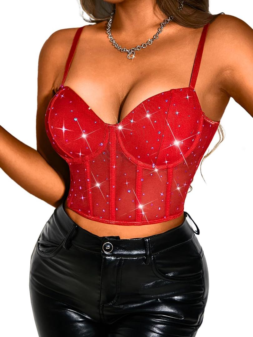 Kaei&Shi Sequin Rhinestone Corset Top,Sparkly Busiter Top for Women Going Out (X-Small, Red)