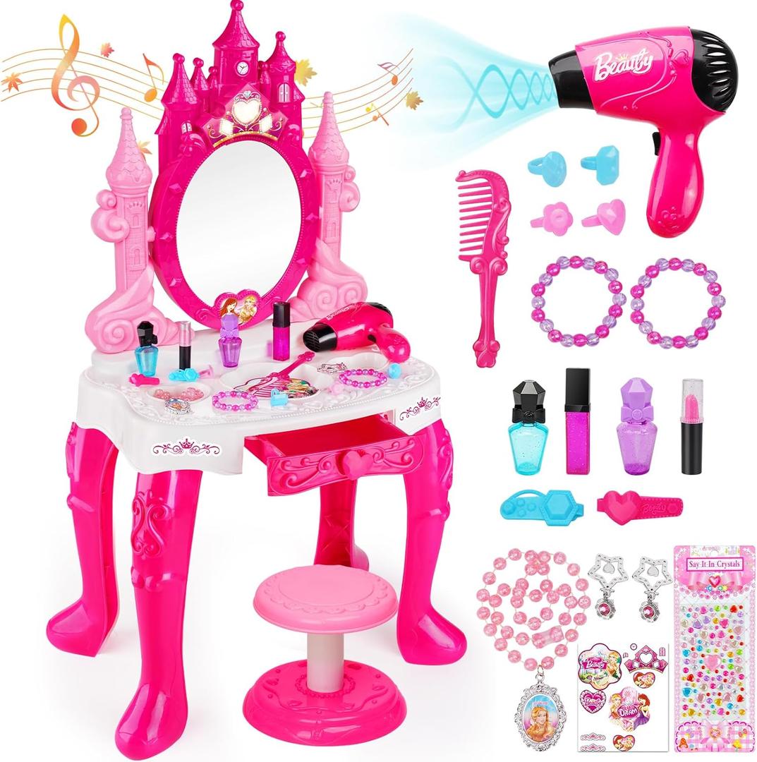 Kids Vanity for Girls, Toddler Makeup Vanity Table and Chair Set Set Toys with Music Light, Pretend Play Princess Dress Up Playset Gift for Toddler Girls 3 4 5 6 Years Old