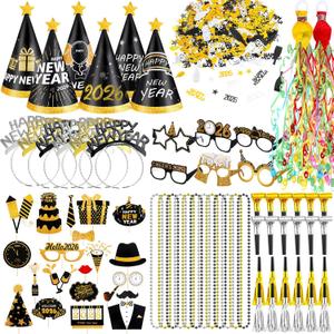 85 Pcs New Years Eve Party Supplies Happy New Year Decor Kit Include Hand Throw Streamers Hairband Eyeglass Cone Hats Necklace Noise Makers Confetti for Adults Hello 2026 Party Favors