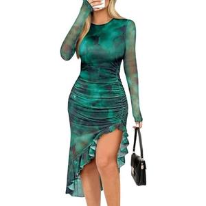 Pink Queen Women's Sexy Mesh Bodycon Dress Fall Long Sleeve Asymmetric Hem Ruffle Floral Print Party Club Ruched Midi Dresses, S