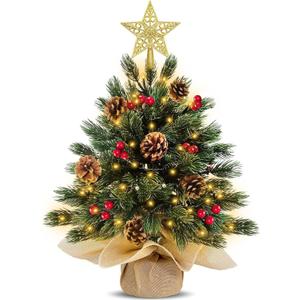 TURNMEON 18 Inch Tabletop Christmas Tree with Timer 30 Lights Battery Operated Star 12 Red Berry 4 Pinecone Realistic-Feel PE Artificial Mini Small Xmas Tree Christmas Decorations Table Home Indoor