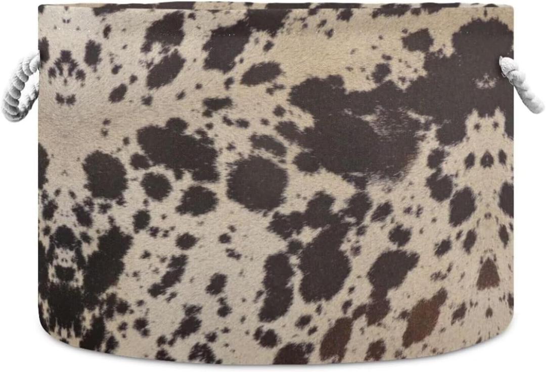 Cow Brown Skin Print Round Storage Basket Cowhide Pattern Large Laundry Hamper 20 x 20 x 14 Inches Organizer Bin Blanket Storage Bag for Bedroom Bathroom Nursery Living Room Decoration