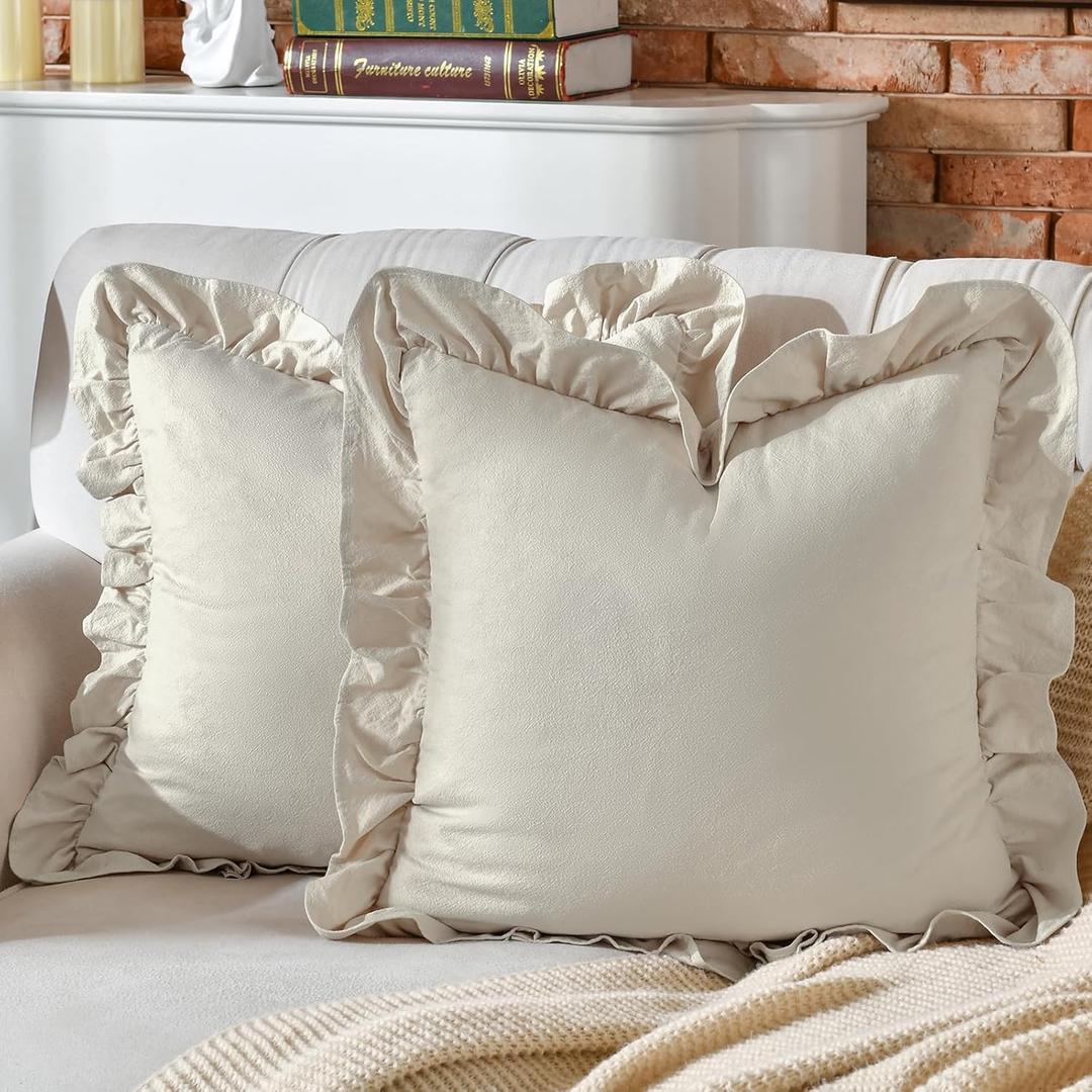AmHoo Pack of 2 Throw Pillow Covers 100% Cotton Pre Washed Ruffle Decorative Pillowcase Cushion for Couch Sofa Bedroom 22 x 22-Inch Beige AmHoo Pack of 2 Throw Pillow Covers 100% Cotton Pre Washed Ruffle Decorative Pillowcase Cushion for Couch Sofa Bedroom 22 x 22-Inch Beige