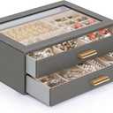 AKOZLIN Jewelry Box with Clear Lid Functional Leather Jewelry Storage Organizer Case 2 Drawers for Women Girls Necklace Ring Bracelet Earring (Dark Grey)