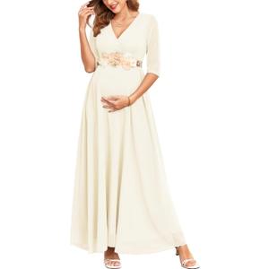 AISWI 3/4 Sleeve Maternity Dress Leaf Lace Contrast Chiffon V Neck Wrap A Line Flowy Pregnancy Dresses for Baby Shower (White, Without Belt) XL