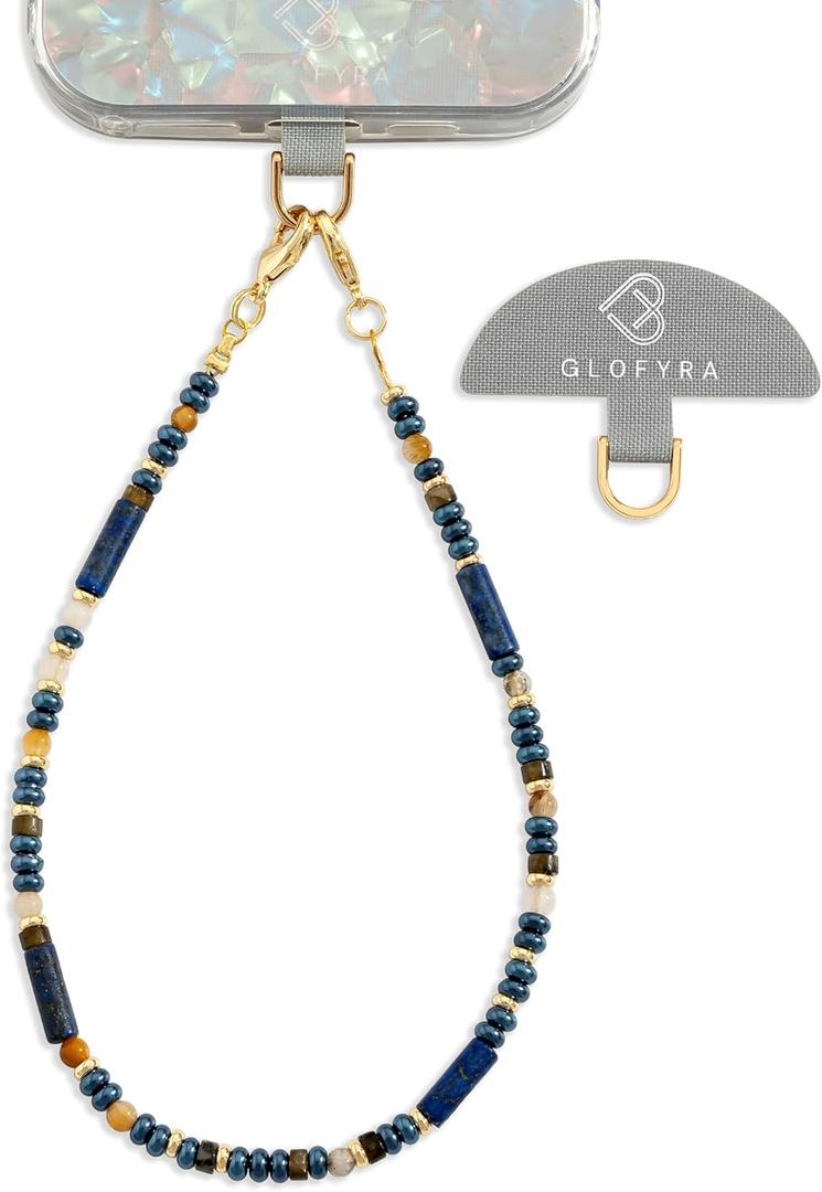 Beaded Phone Lanyard for Women Natural Stone Phone Wrist Strap Handmade Smartphone Wristlet Strap Beaded Wrist Chain (Blue)