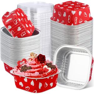 100 Pcs Valentine's Day Square Baking Pans with Lids 10oz Aluminum Foil Cupcake Brownie Disposable Baking Cups Individual Tin Dessert Containers(Heart,Red)