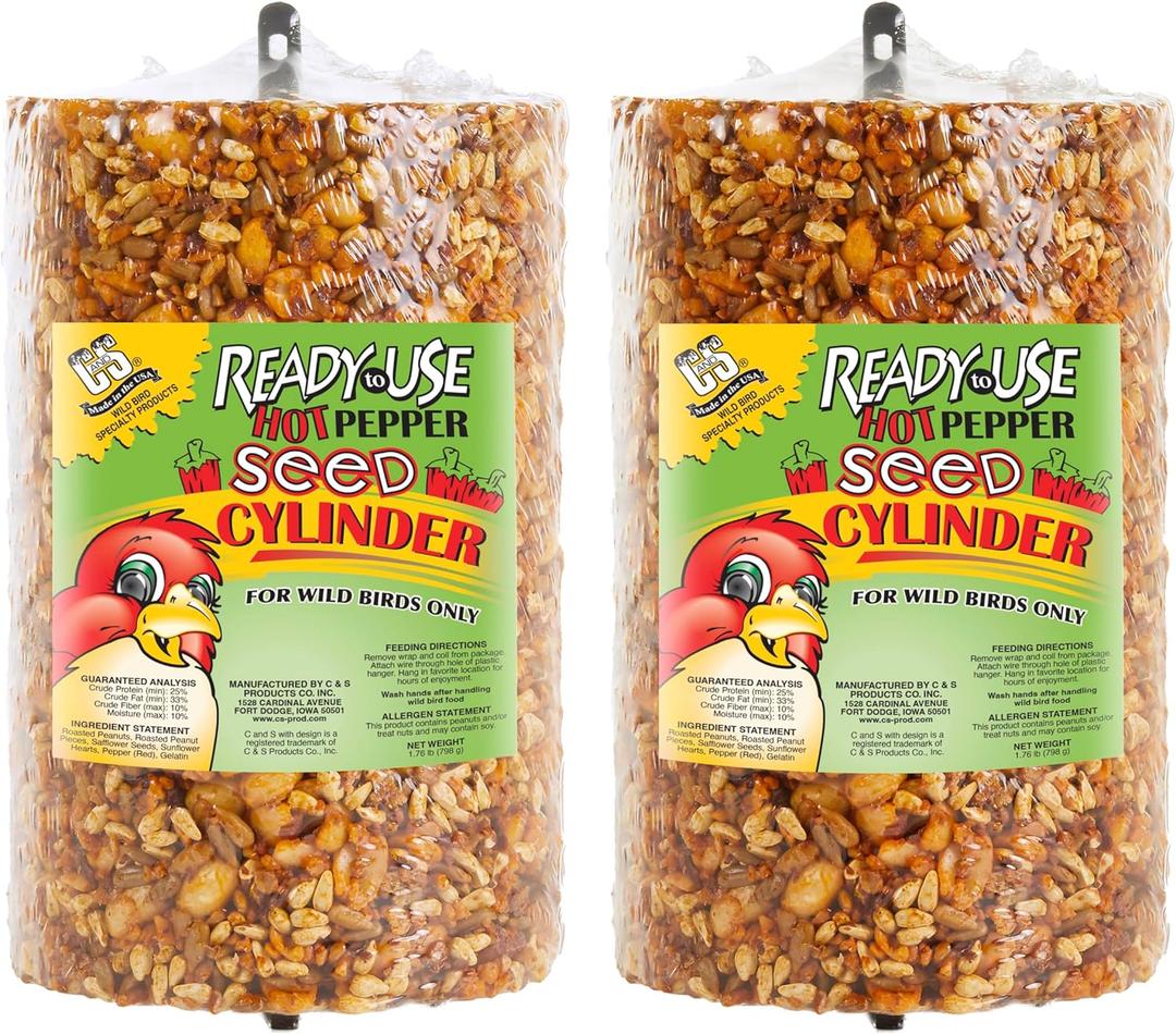 C&S Ready to Use Hot Pepper Bird Seed Cylinder, Spicy Wild Bird Outdoor Feeder with Hanger, 1.76 Pound Cylinder, 2 Pack, BBD: 10/21/2028