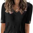 AKEWEI Womens V Neck Sweater Short Sleeve Lightweight Knit Summer Fall Tops with Decorative Buttons S Black
