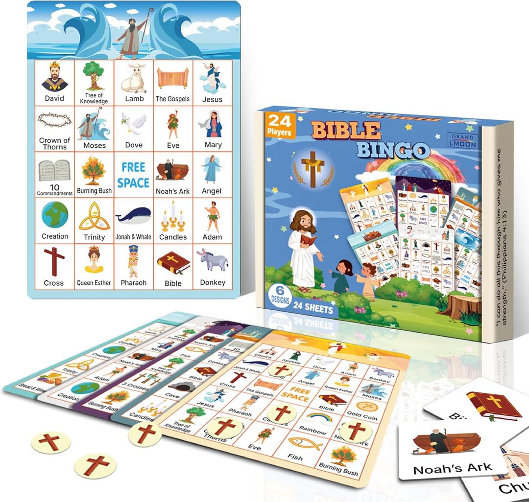 GRANDLMOON Bible Bingo Game 24 Players 6 Designs Christian Bible Bingo Card Religious Game Activities for Vacation Bible School Christian Sunday Church Easter Gift Family Open Day Supplies Box
