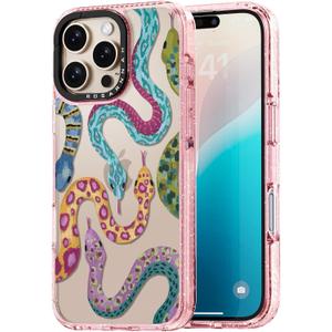 Compatible for iPhone 16 Pro Case Cute - Durable Shockproof 6.6 ft Drop Impact Phone Case - Glitter Pink Funny Snake Design for iPhone 16 Pro 6.3"