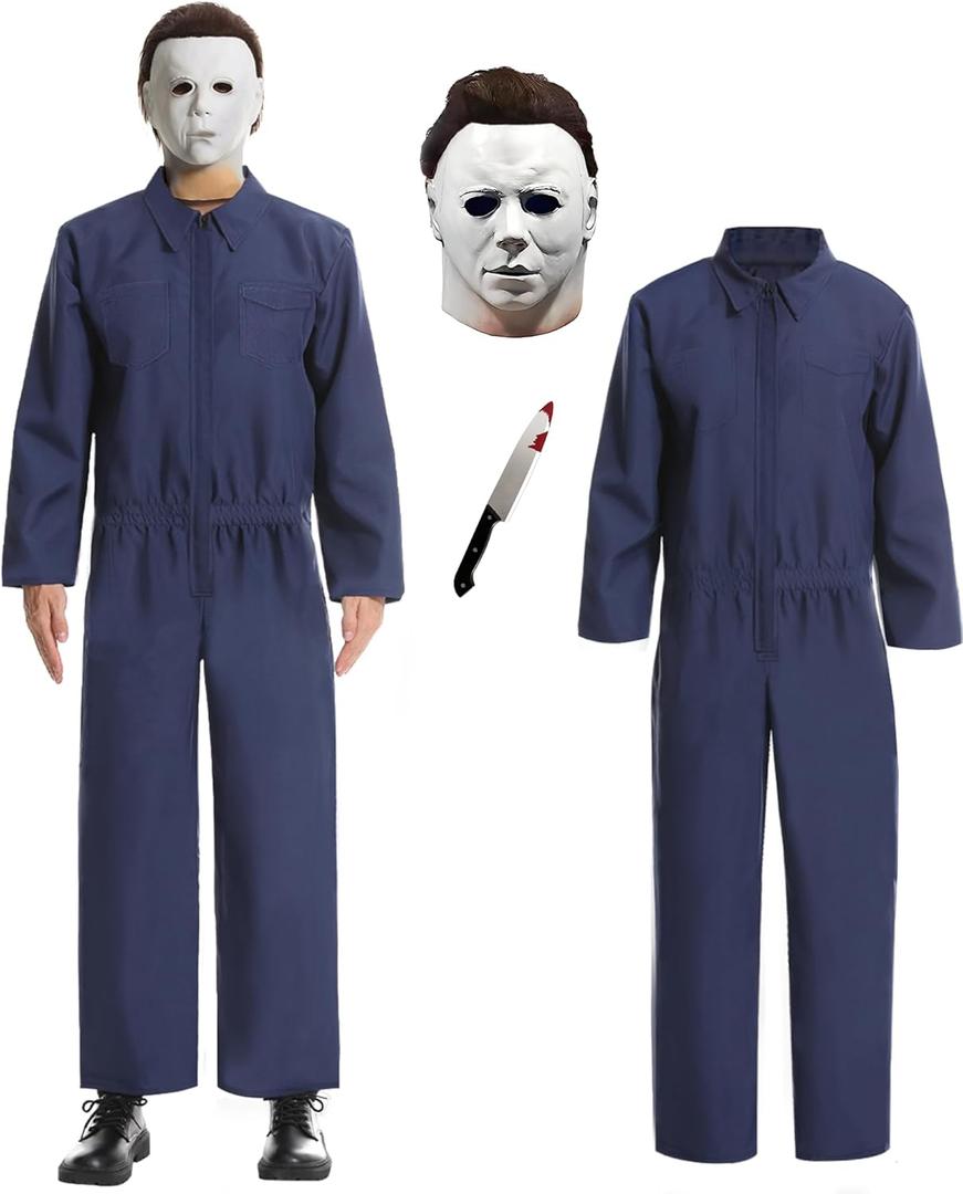 Halloween Michael Costume Adult, Mikes Jumpsuit with Mask and Knife, Horror Killer Cosplay for Men Women (X-Large, Blue(white Mask))