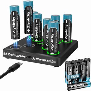 USB Rechargeable AA Batteries with Charger, 8 Pack 1.5V AA Lithium Batteries 3500mWh 3.5A High Power Double A Battery, 2H Fast Charging 1200 Cycles Long Lasting for Blink Camera Flashlight