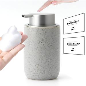 Gray Foaming Soap Dispenser,Ceramic Foam Dispenser with Silver Plastic Soap Pump for Bathroom&Kitchen,Refillable Soap Dispenser,12oz Hand Soap Dispenser