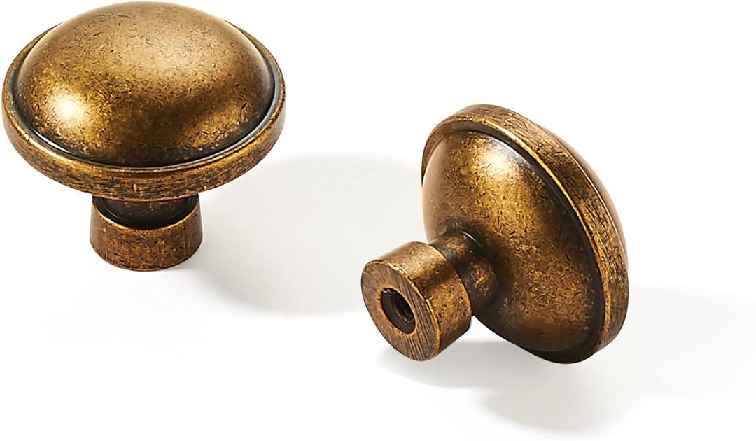 khtumeware 6 Pack Drawer Pulls 1-1/4 Inch Kitchen Cabinet Knobs Solid Round Vintage Drawer Knobs Antique Brass Dresser Knobs Drawer Knobs Aged Cabinet Hardware for Cupboard Drawer Pulls (knob, Antique Brass)