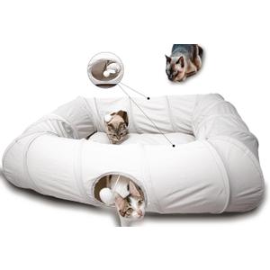 XxingSheep 4 Ways Shuttled XL Cat Tunnel Bed for Indoor Cats Peekaboo Cat Cave Donut with Cool Mat