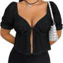OYOANGLE Women's Plus Size Tie Front Sweetheart Neck Crop Top Puff Short Sleeve Flared Hem Tees XL