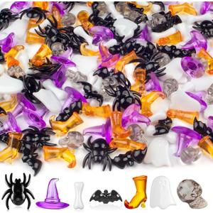 250PCS Halloween Vase Filler  Acrylic Halloween Sensory Bin Filler with Spiders, Bats, Skulls, Ghosts, Witch Hats, Boots, and Bones, Mini Halloween Figurines for Crafts and Bowl Decor