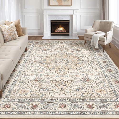 7x9 Area Rug Living Room: Washable Boho Large Neutral Vintage Soft Rugs Stain Resistant Farmhouse Non Slip Indoor Floor Carpet for Bedroom Nursery Kids Playroom Office Dining Room- Cream Blue