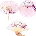 Xuniea 2 Pcs Cherry Blossom Decor Set Including Chinese Japanese Oiled Paper Umbrella and Foldable Handheld Silk Folding Hand Fan for Wedding Birthday Party Favor Decoration