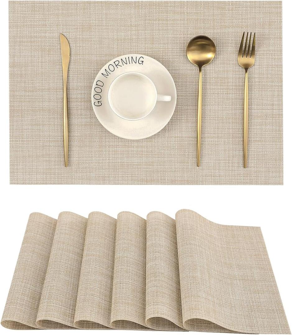 Leetaltree Blue Placemats Set of 6 - Heat Resistant Non-Slip Place mats for Dining Table, Washable Durable PVC Vinyl Woven Table Mats, Beige