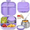 Bento Lunch Box with 12oz Soup Thermo,4 Compartments Lunch Box Containers, Spoon&Sauce Jar, BPA Free&Leak proof,Insulated Food Jar for Travel(Purple)
