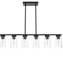 Modern Linear Farmhouse Chandelier, 6-Light Matte Black Kitchen Island Pendant Light with Glass Shade Fixture for Dining Room Foyer Bar Pool Table (Black)