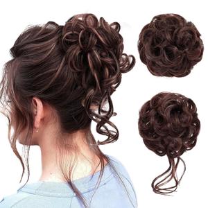 2 Pack Messy Bun Piece for Women - Fake Hair Scrunchie & Bun Extensions, No-Slip Elastic Ties for Instant Updo, Wavy Curly Scrunchies for Thin/Thick Hair (2pcs-Light Wine Brown)