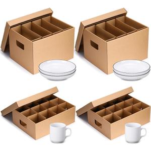 MotiMind 4 Pack Dish Mug Moving Boxes with Divider Kits Included 2 Dish Glass 15 x 12 x 10 Inch and 2 Mug 17 x 13 x 6 Inch Kitchen Moving Boxes with Handle Packing Box for Glassware