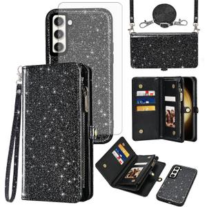 Asuwish Phone Case for Samsung Galaxy S23 Plus S23+ 5G Zipper Wallet Cell Cover with Tempered Glass Screen Protector Wrist Strap Flip Card Holder S23plus 23S + S 23 23+ SM-S916U 6.6 inch Women Black