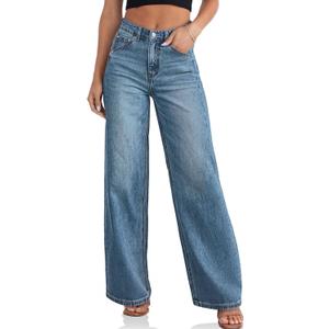 Cicy Bell Womens Wide Leg Jeans High Waisted Boyfriend Loose Baggy Denim Pants with Pockets (Blue)size 6