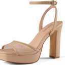 Dumjey Mesh Platform Heel Sandals, Open Toe Chunky High Heels with Ankle Strap, Block Heels Dress Shoes for Party Wedding - Mesh Nude, Size 5 US