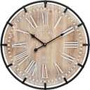 EMAX HOME 20 Inch Large Farmhouse Wall Clock, Rustic Antique Wood with Metal Circle and Large Engraved Numerals, Silent Battery Operated Wall Clock for Office Kitchen Bedroom Living Room, 20 Inch Roman numerals