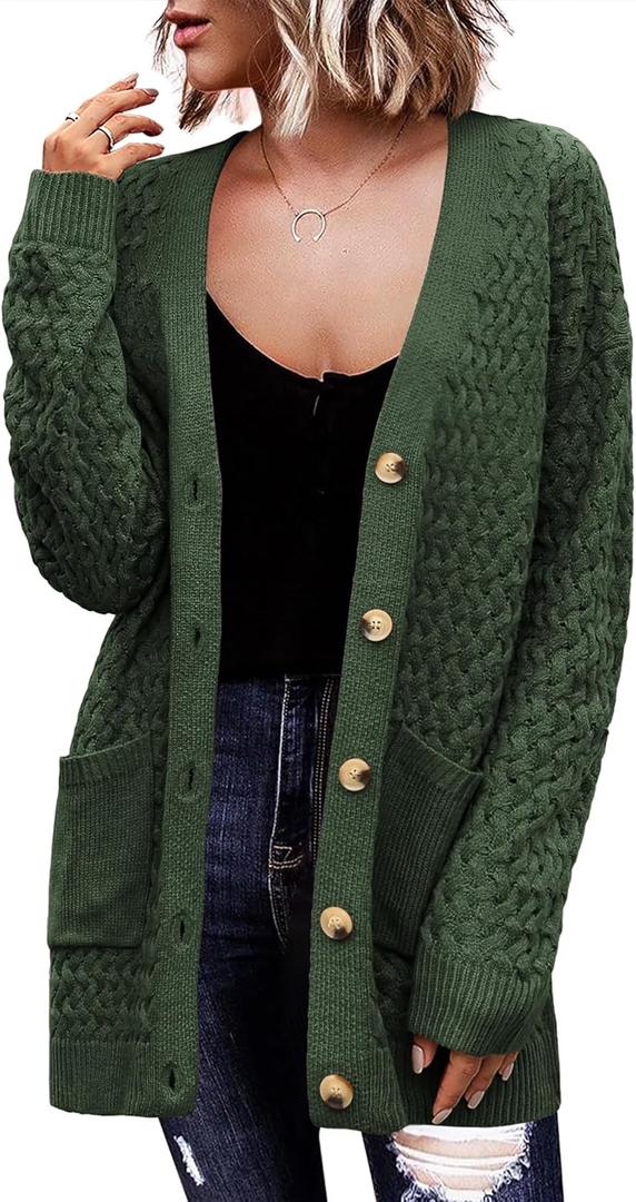 Zeagoo Womens 2024 Long Sleeve Chunky Cable Knit Fall Cardigans Sweaters Button Down Open Front Outerwear with Pockets Army Green XX-Large