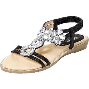 ZriEy Women's Open Toe Flat Sandals Beach Sandals Beaded Flower Rhinestone Flat Sandals Low Heels Dress Wedding Party Driving Shopping Travel Shoes Black Size 5