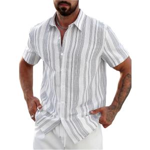 SHENHE Men's Summer Short Sleeve Button Down Striped Shirt Casual Beach Going Out Shirt (XXL)
